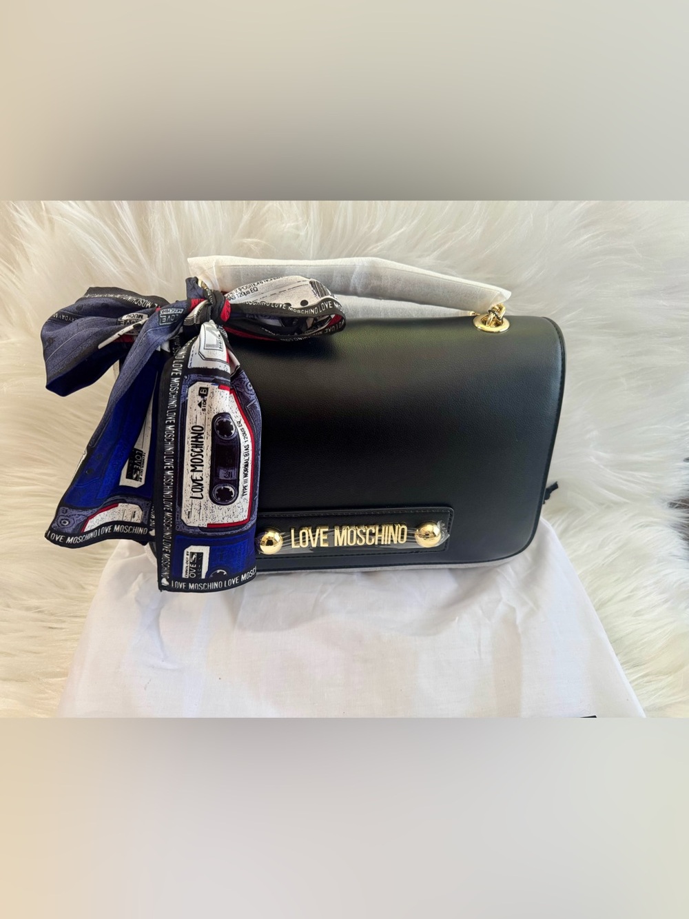 Love Moschino Black Leather Crossbody Bag with Printed Twilly